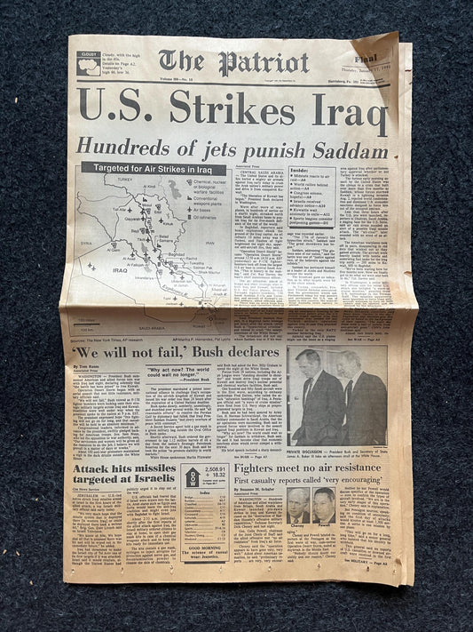 1991 Operation Desert Storm War Begins - Original Vintage Newspaper - George Bush Sr Declares War on Iraq Kuwait Liberation Washington Post