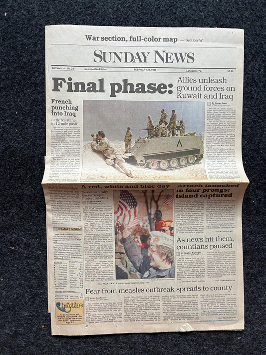 1991 End Of Operation Desert Storm War Begins, Original Vintage Newspaper - George Bush Sr Declares War on Kuwait Liberation Washington Post