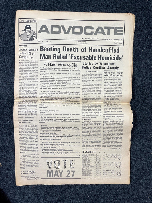 Vintage 1969 Gay Advocate LGBT Newspaper, LGBTQIA Memorabilia, Queer Gifts Artworks, Lesbian gift, Gay Books Magazine, History Gifts