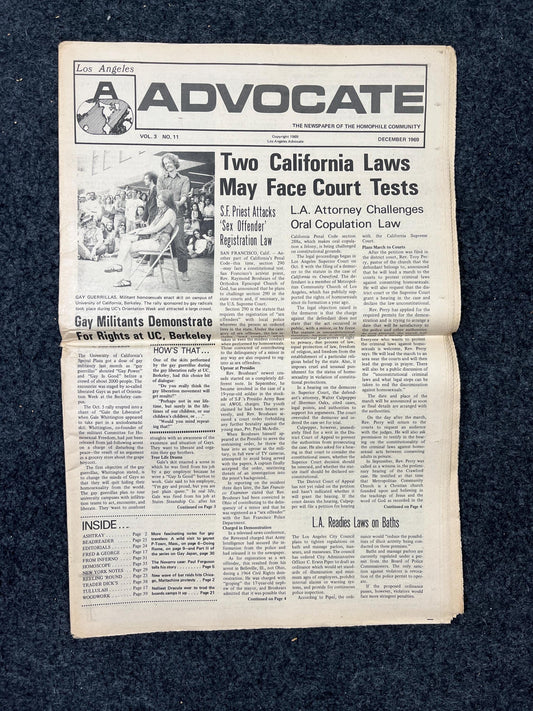 Vintage 1969 Gay Advocate LGBT Newspaper, LGBTQIA Memorabilia, Queer Gifts Artworks, Lesbian gift, Gay Books Magazine, History Gifts