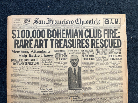 1926 Bohemian Grove Fire, Famous Disasters, Irish History, British History, Ireland Gifts Souvenirs, Vintage Newspaper History, Wall Decor