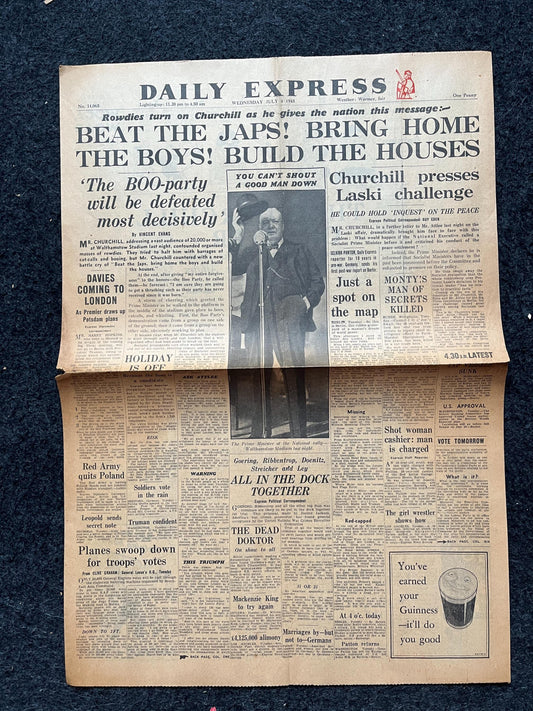 1945 Churchill Speaks on WW2, Feminism, Late WW2 European Theatre Newspaper - Original Vintage World War 2 Memorabilia, Dad Gifts