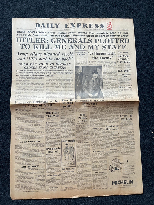 1944 WW2 Operation Valkyrie Assassination attempt on German Chancellor, WW2 Memorabilia, World War 2 Gifts, Vintage Newspaper, History decor