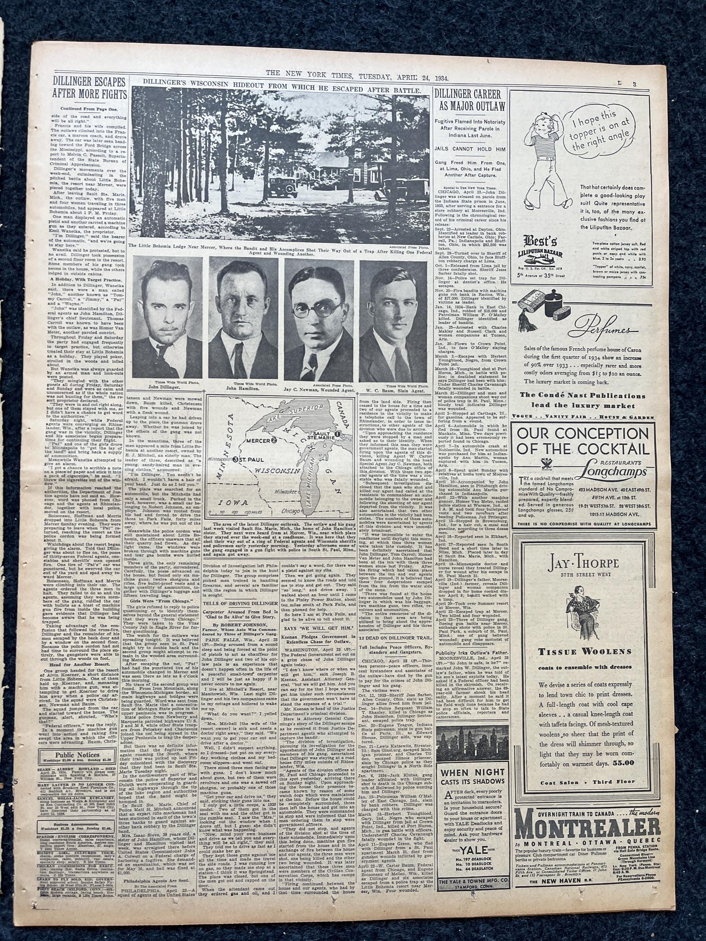 1934 Jon Dillinger Escapes Posse Newspaper, Gifts for Him, Kansas City Memorabilia Souvenirs, True Crime Memorabilia, Bar Mancave Gifts