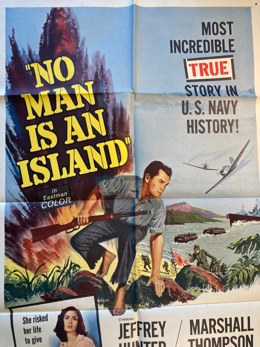 1962 WWII Navy Drama – No Man Is An Island – Jeffrey Hunter in Pacific Theatre Original Vintage Movie Poster