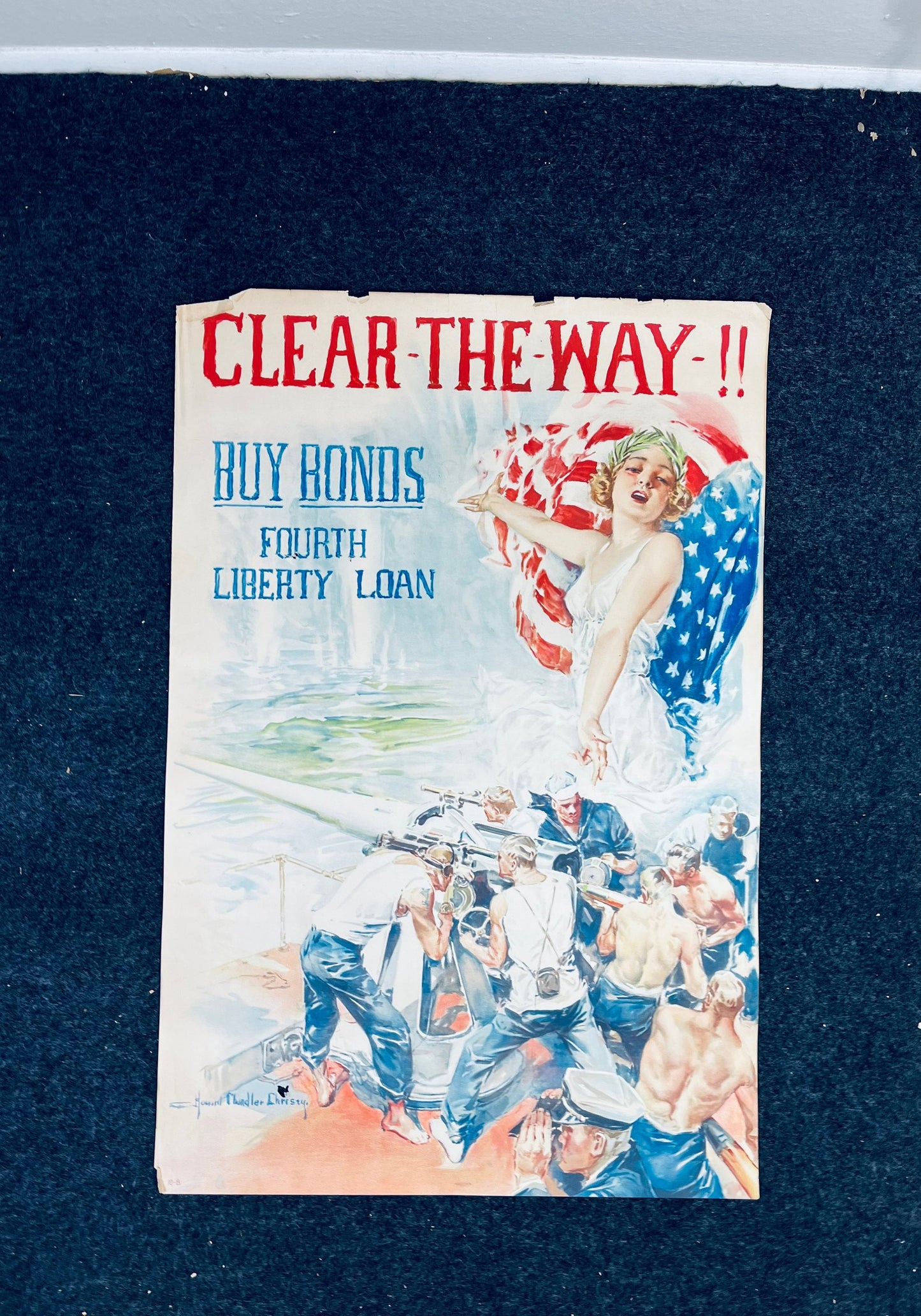 Original WW1 Clear The Way - Lady Columbia - Liberty Bonds Poster - 1917 World War 1 Propaganda Poster, US History, Military Memorabilia