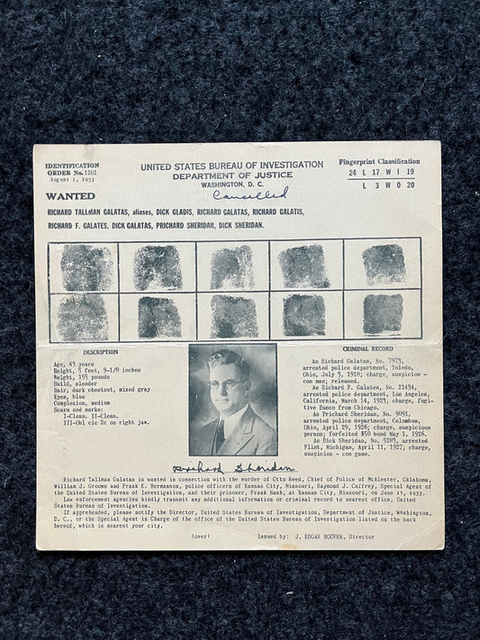 Authentic KC Massacre 1933 Richard Galatas FBI Wanted Poster with Certificate of Authenticity, True Crime Memorabilia, 1930s Prohibition law