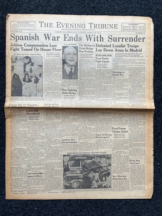 1939 Spanish Civil War Ends, Spain Gifts History, Vintage Newspaper, Republican and Nationalists Spanish History, Francisco De Franco
