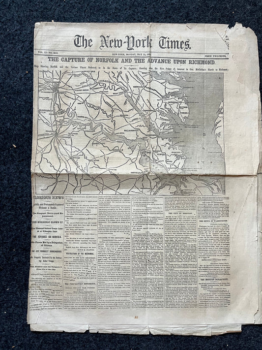 1862 Capture of Norfolk Virginia by Union Forces, Original Civil War Newspaper, Virginia History Memorabilia, Gifts for Dads Civil War Decor