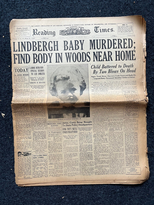 1932 Charles Lindbergh Baby Death – Original Day Of Newspaper – Lindbergh Conspiracy Hauptmann – Original Vintage Newspaper – Conspiracy
