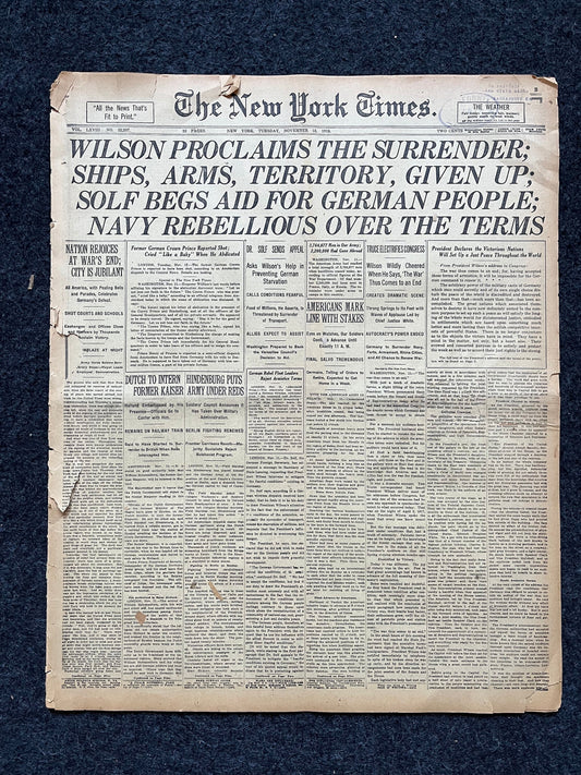 Original End Of WWI Peace Newspaper – WWI Memorabilia, Historic Gifts and Newspapers, Collectible Gifts, Military Memorabilia,