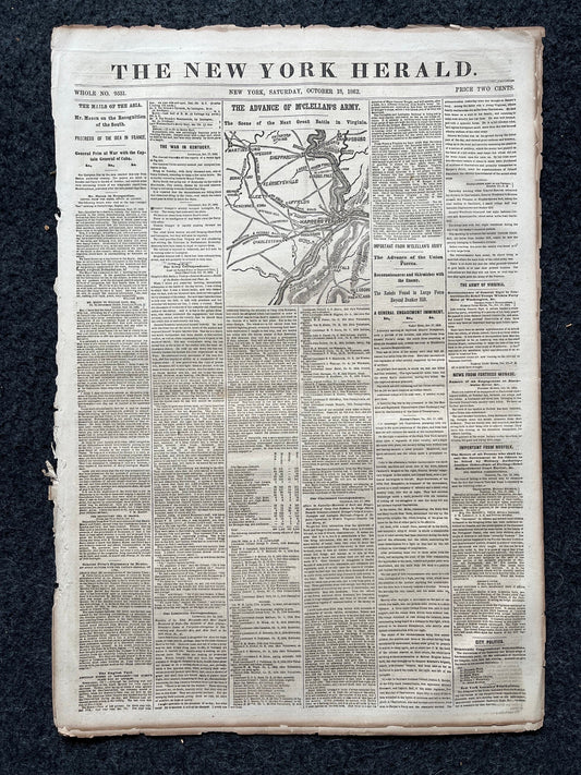 1862 Recognition of the South, Mcclellans Army Advance Mill, Famous Civil War Battle, Civil War Map Original Newspaper, Virginia History