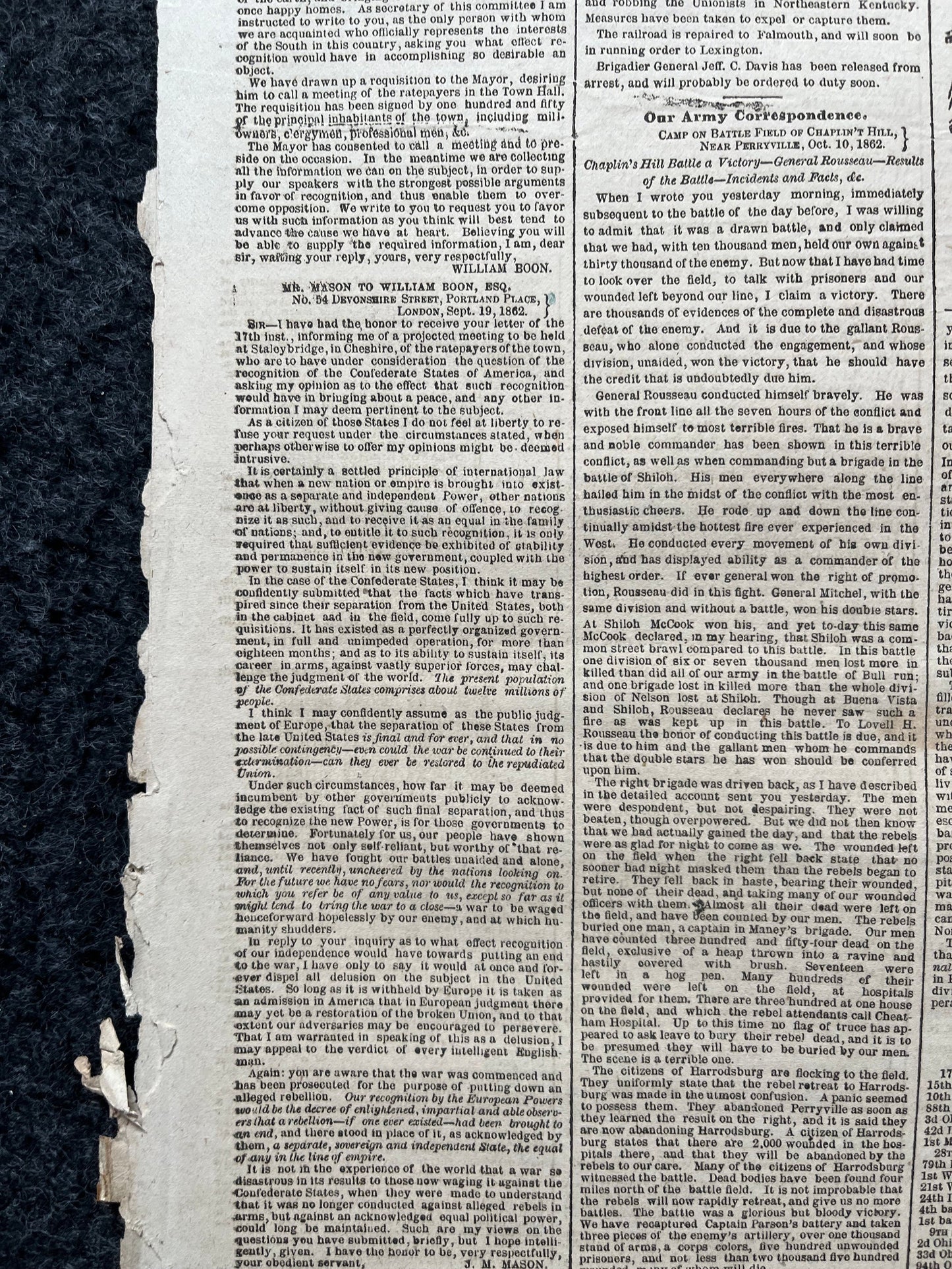 1862 Recognition of the South, Mcclellans Army Advance Mill, Famous Civil War Battle, Civil War Map Original Newspaper, Virginia History