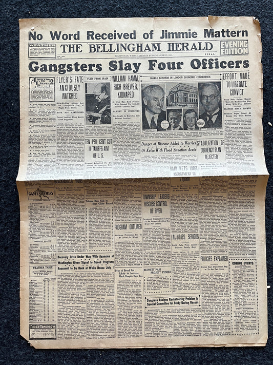 Authentic KC Massacre 1933 Newspaper, John Dillinger Fbi, Kansas City Memorabilia Souvenirs, True Crime Memorabilia, Bar Mancave Gifts