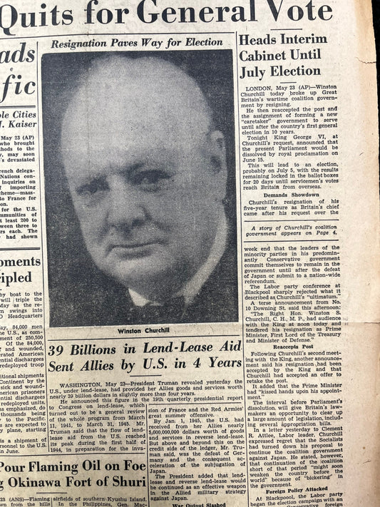 1945 Winston Churchill Resigns and ReelectedWorld War 2 Memorabilia, Germany WW2, Original Newspaper Military Memorabilia, History Gifts,