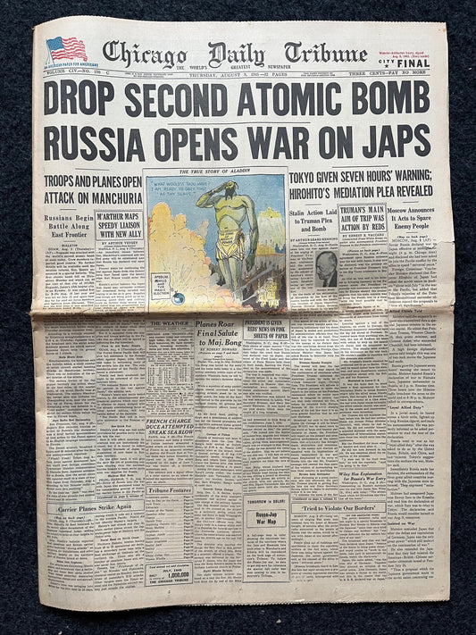 1945 WW2 Bombing of Nagasaki, Day Of, Japanese History, Original Vintage Newspaper - Military Memorabilia Gifts for Him World War 2