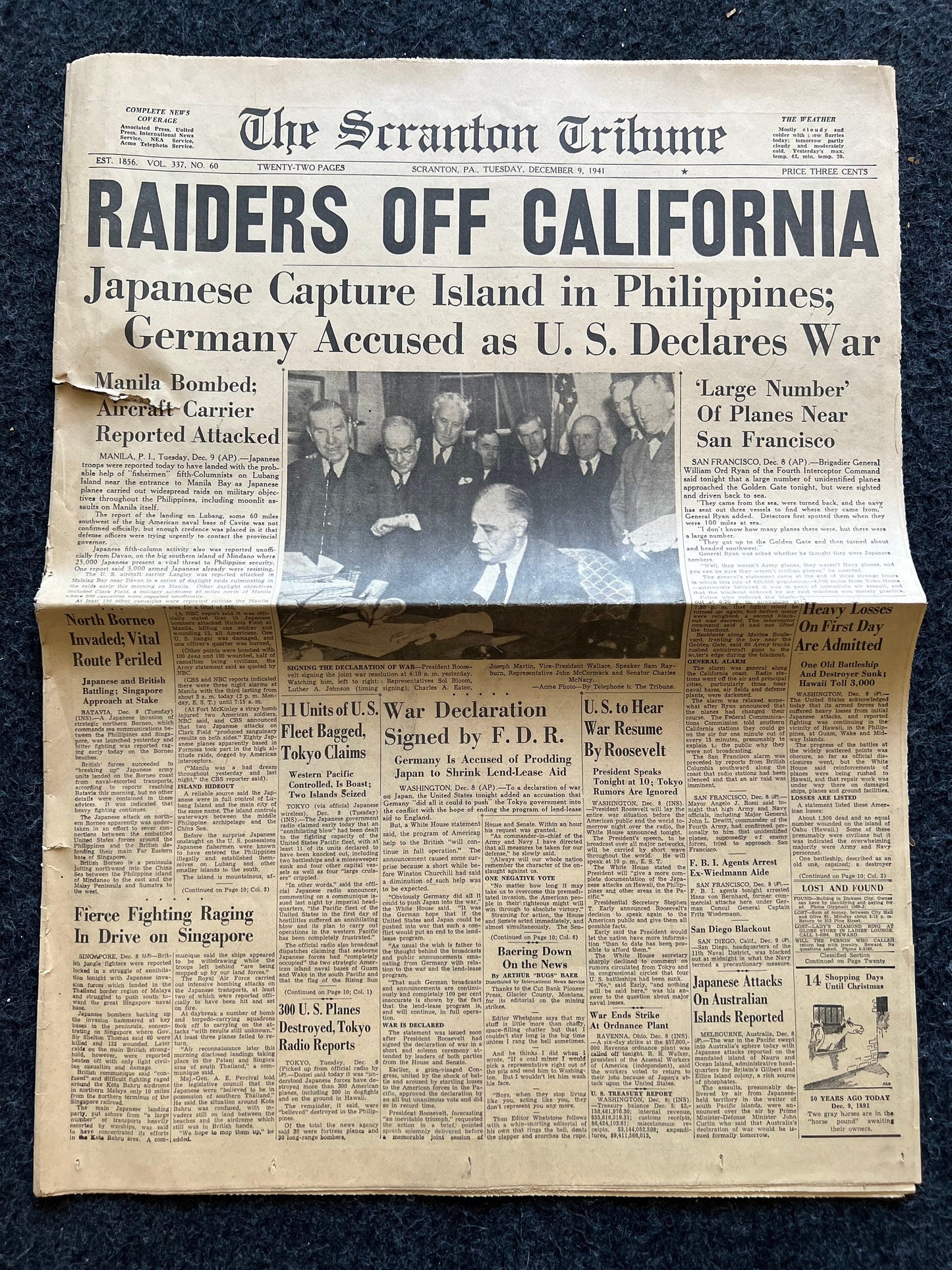 1941 WW2 San Francisco Air Raid Hoax- December 9th - Invasion of Hong Kong Guam Philippines Panama- Start of World War 2 Original Vintage