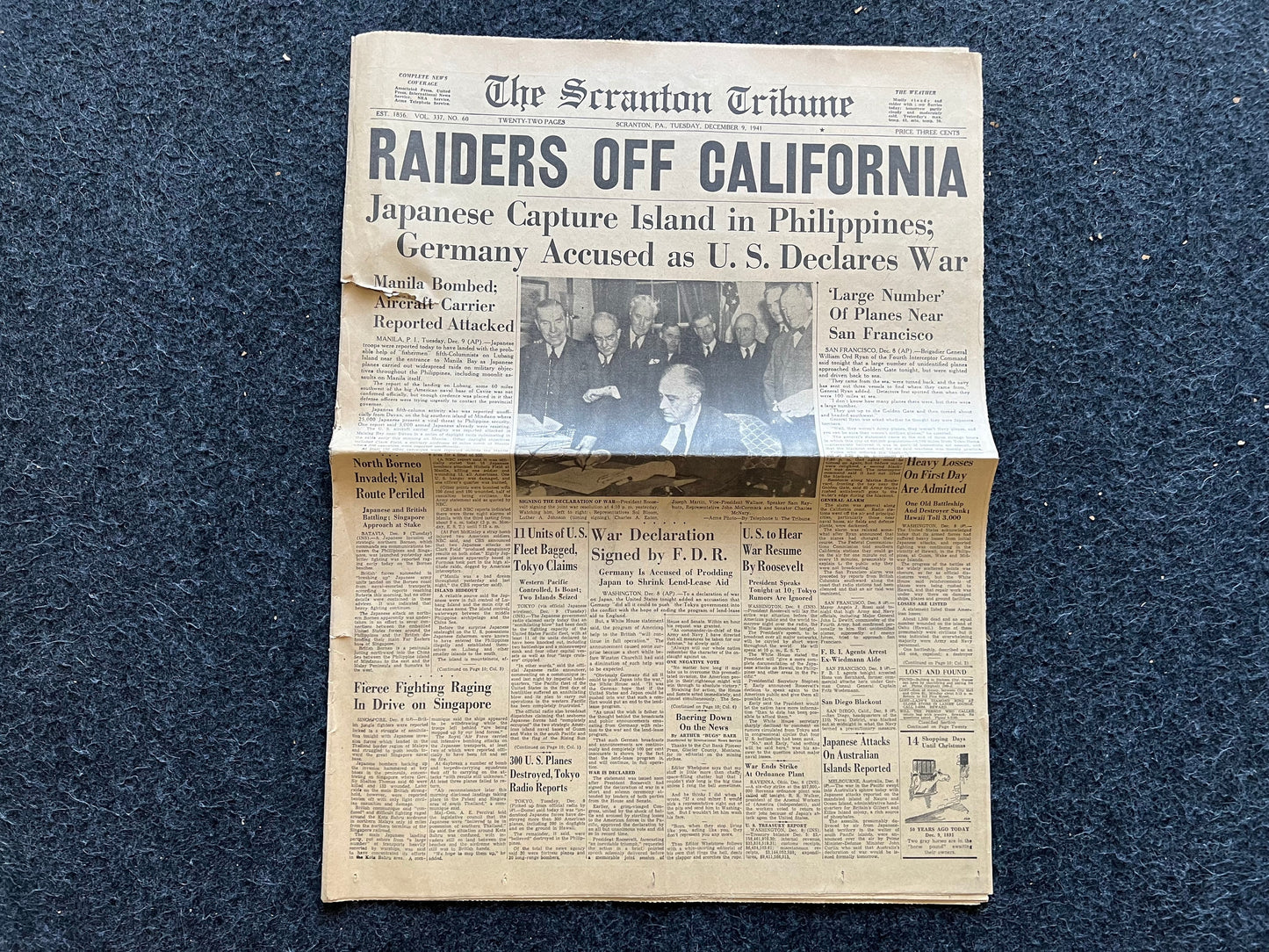 1941 WW2 San Francisco Air Raid Hoax- December 9th - Invasion of Hong Kong Guam Philippines Panama- Start of World War 2 Original Vintage