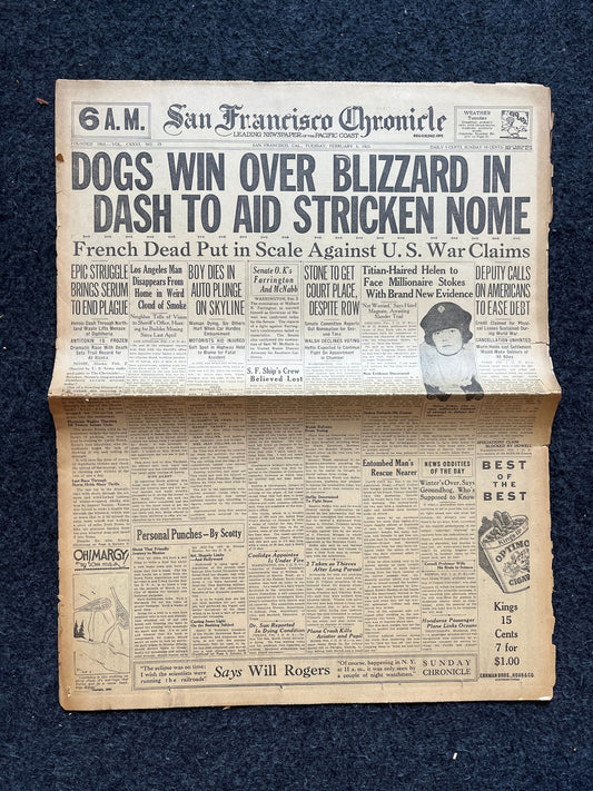1925 Balto Alaskan Iditarod Race, Husky Dogs Race in Blizzard, Alaska memorabilia souvenirs, Vintage Newspaper, US Wall Decor, Dog Wall Art