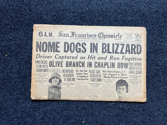 1925 Balto Alaskan Iditarod Race, Husky Dogs Race in Blizzard, Alaska memorabilia souvenirs, Vintage Newspaper, US Wall Decor, Dog Wall Art