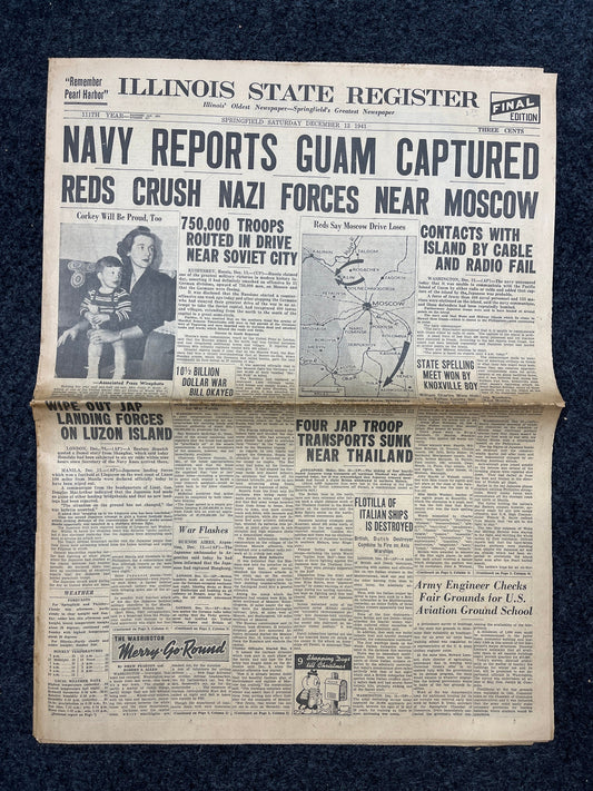 1941 WW2 Fall of Guam and Japanese Capture, Vintage WW2 Newspaper, Original Antique Gifts, Military Wall Decor, Gifts for Dad Husband