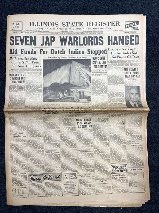 1945 Hirohito Tojo Japanese German War Crimes Prosecution WW2 Memorabilia Gifts, Military Souvenirs, Vintage Newspaper, Original Newspaper