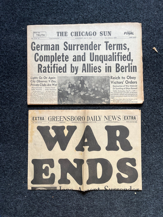 1945 Start and End of WW2 VE Day – Vintage newspapers – World War 2 Memorabila Imperial Japan Defeated – European Pacific History WW3