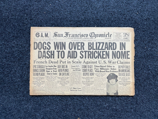 1925 Balto Alaskan Iditarod Race, Husky Dogs Race in Blizzard, Alaska memorabilia souvenirs, Vintage Newspaper, US Wall Decor, Dog Wall Art