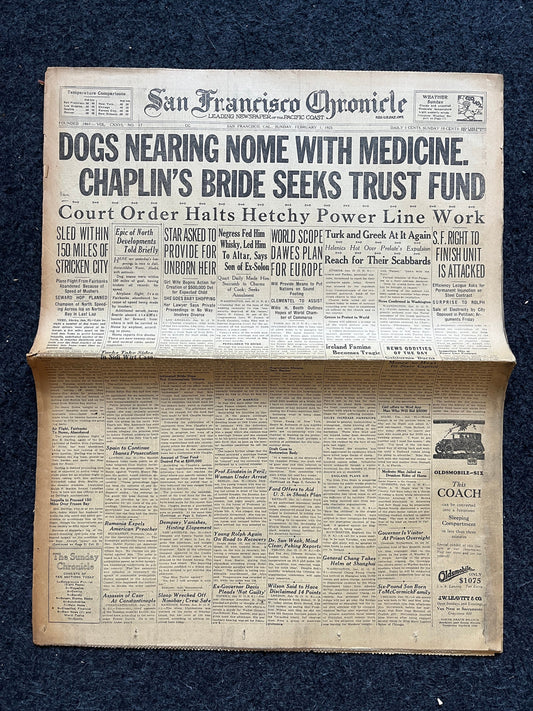 1925 Balto Alaskan Iditarod Race, Husky Dogs Race in Blizzard, Alaska memorabilia souvenirs, Vintage Newspaper, US Wall Decor, Dog Wall Art