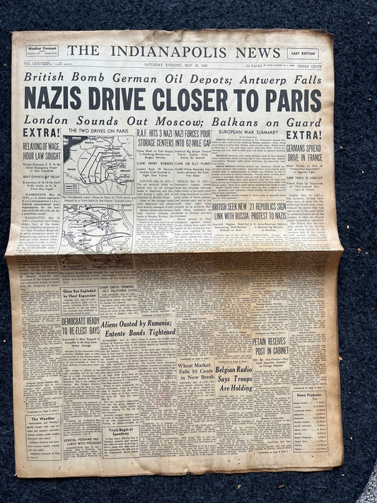 WW2 1940 Paris Falls French Government Flees - Italy Enters World War 2 - Original WW2 Memorabilia - World War 2 Vintage Newspaper