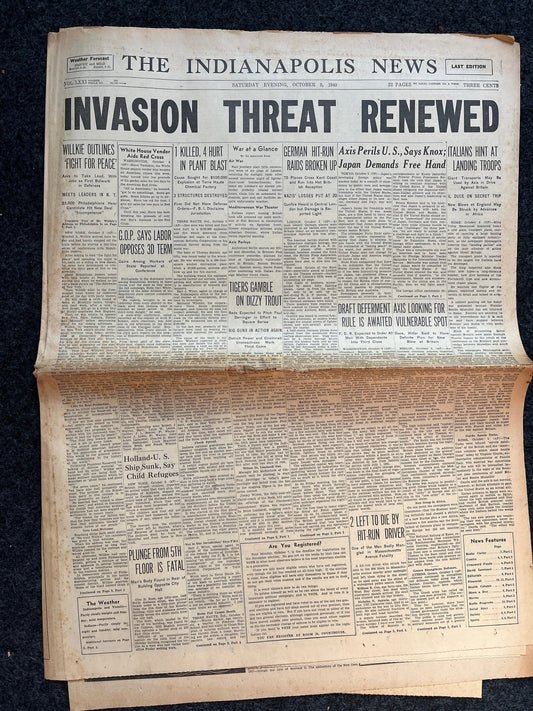 1940 Italy Invasion of UK, Vintage original newspaper, antique collectibles, gifts for dad husband, Military memorabilia wall decor