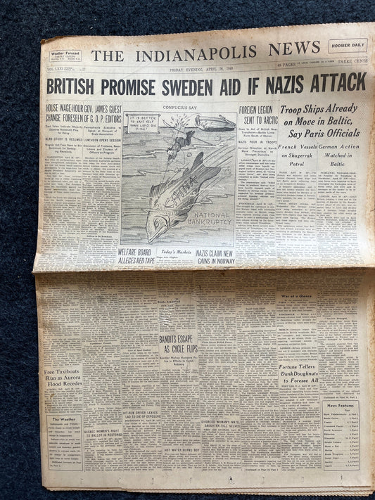 WW2 1940 Britain Aids Sweden, Fall of Paris, WW2 Memorabilia, Vintage Newspaper, Original World War 2 Gifts, Europe Wall Decor, Military