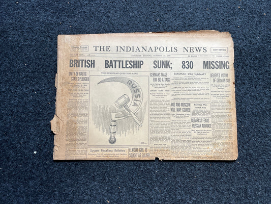 1939 British Battleship Royal Oak Sunk, Early WW2 Newspaper, World War 2 Memorabilia Gifts, History Gifts, Vintage Newspaper, WW3