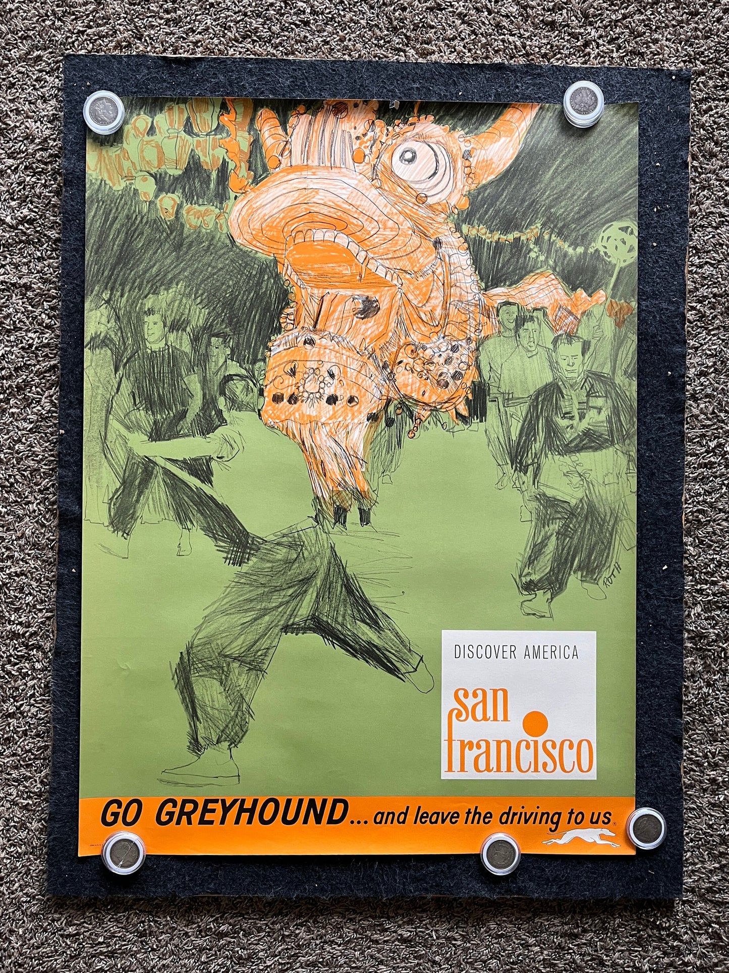 1960s San Francisco Greyhound Travel Poster, SF San Francisco Souvenirs Memorabilia, California Gifts Wall Decor, Chinatown Travel Art