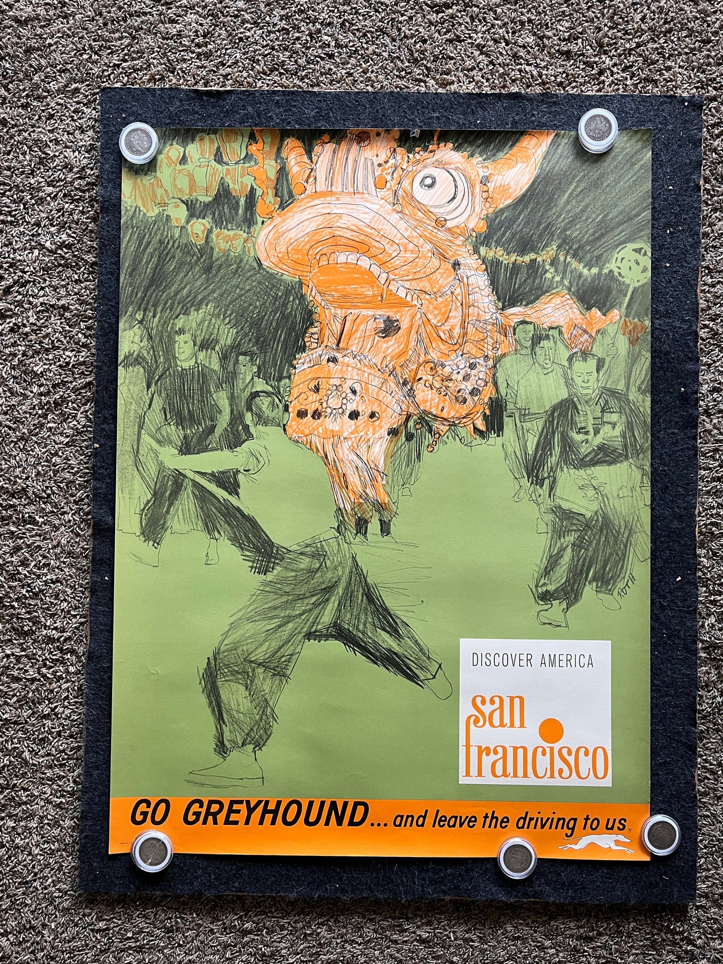 1960s San Francisco Greyhound Travel Poster, SF San Francisco Souvenirs Memorabilia, California Gifts Wall Decor, Chinatown Travel Art