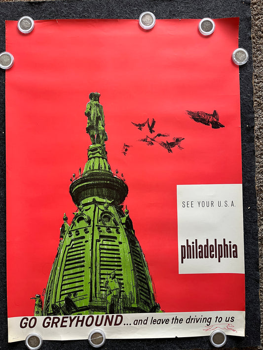Original 1960s Philadelphia Travel Poster, Greyhound Boston Wall Decor, Vintage Wall Art Memorabilia, Old North Church, US Patriotic Artwork