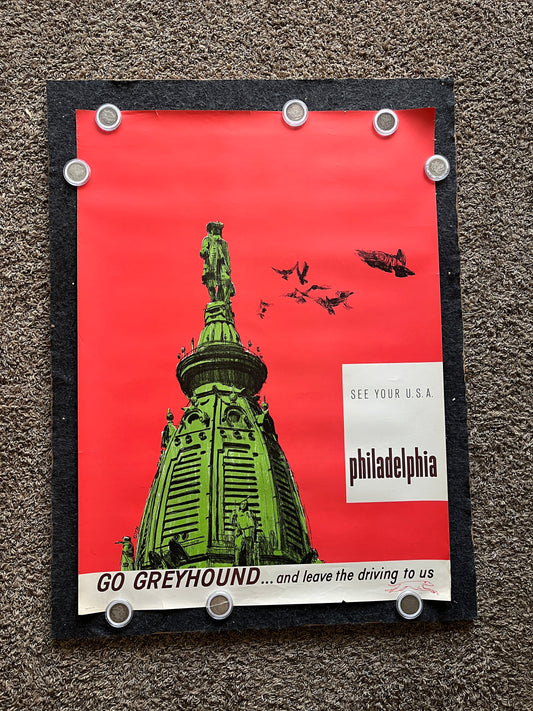 Original 1960s Philadelphia Travel Poster, Greyhound Boston Wall Decor, Vintage Wall Art Memorabilia, Old North Church, US Patriotic Artwork