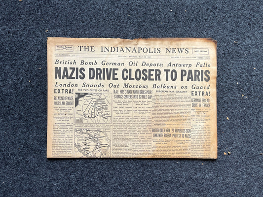 WW2 1940 Paris Falls French Government Flees - Italy Enters World War 2 - Original WW2 Memorabilia - World War 2 Vintage Newspaper