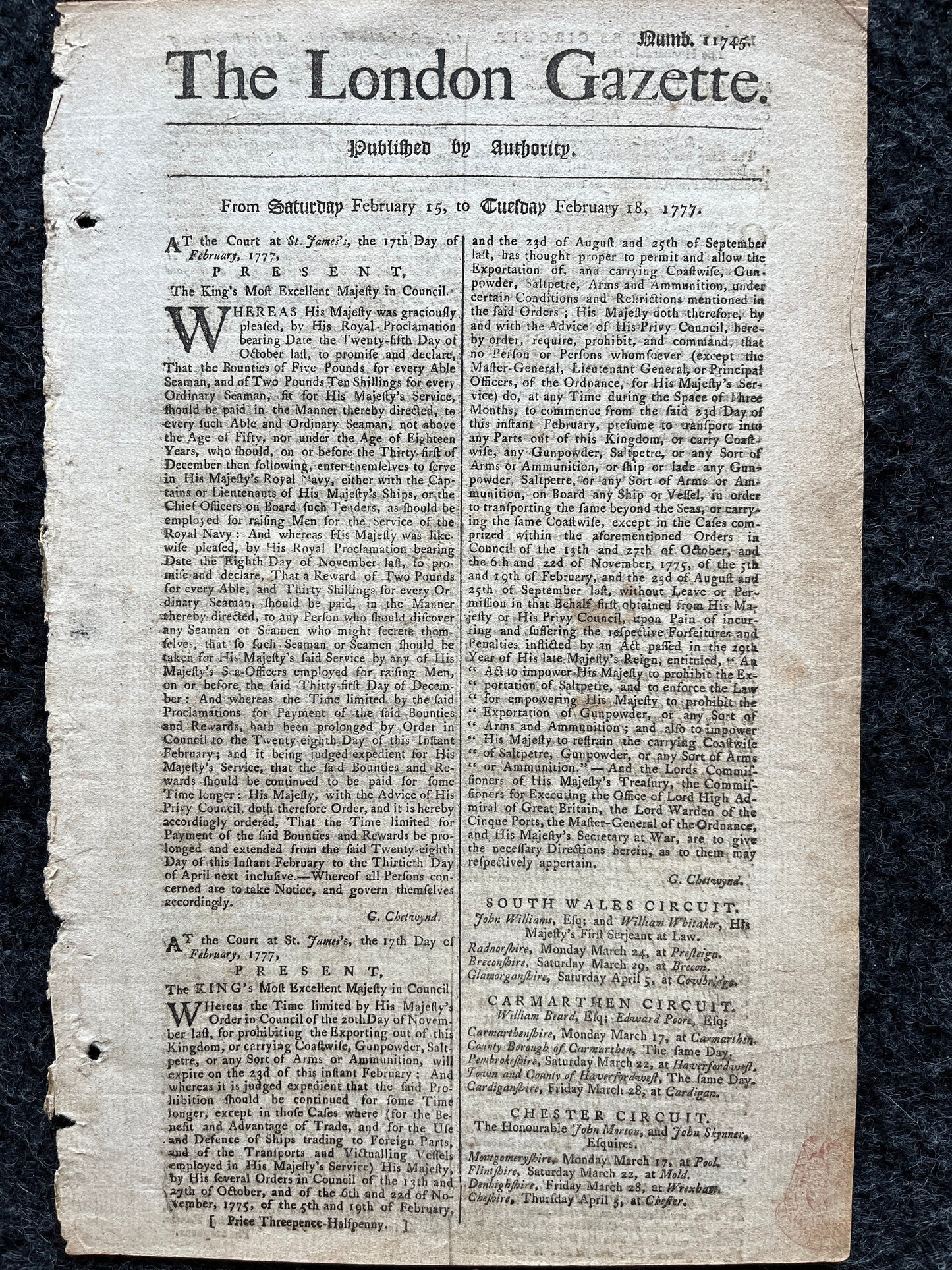 1777 London Gazette, History Wall Art, Original Antique Pamphlet, American President History and Wall Decor, George Washington