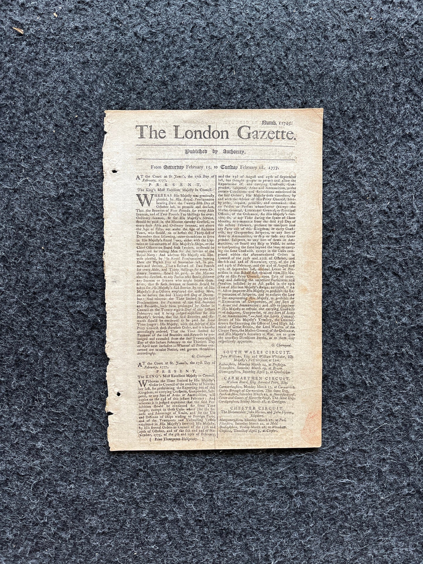 1777 London Gazette, History Wall Art, Original Antique Pamphlet, American President History and Wall Decor, George Washington