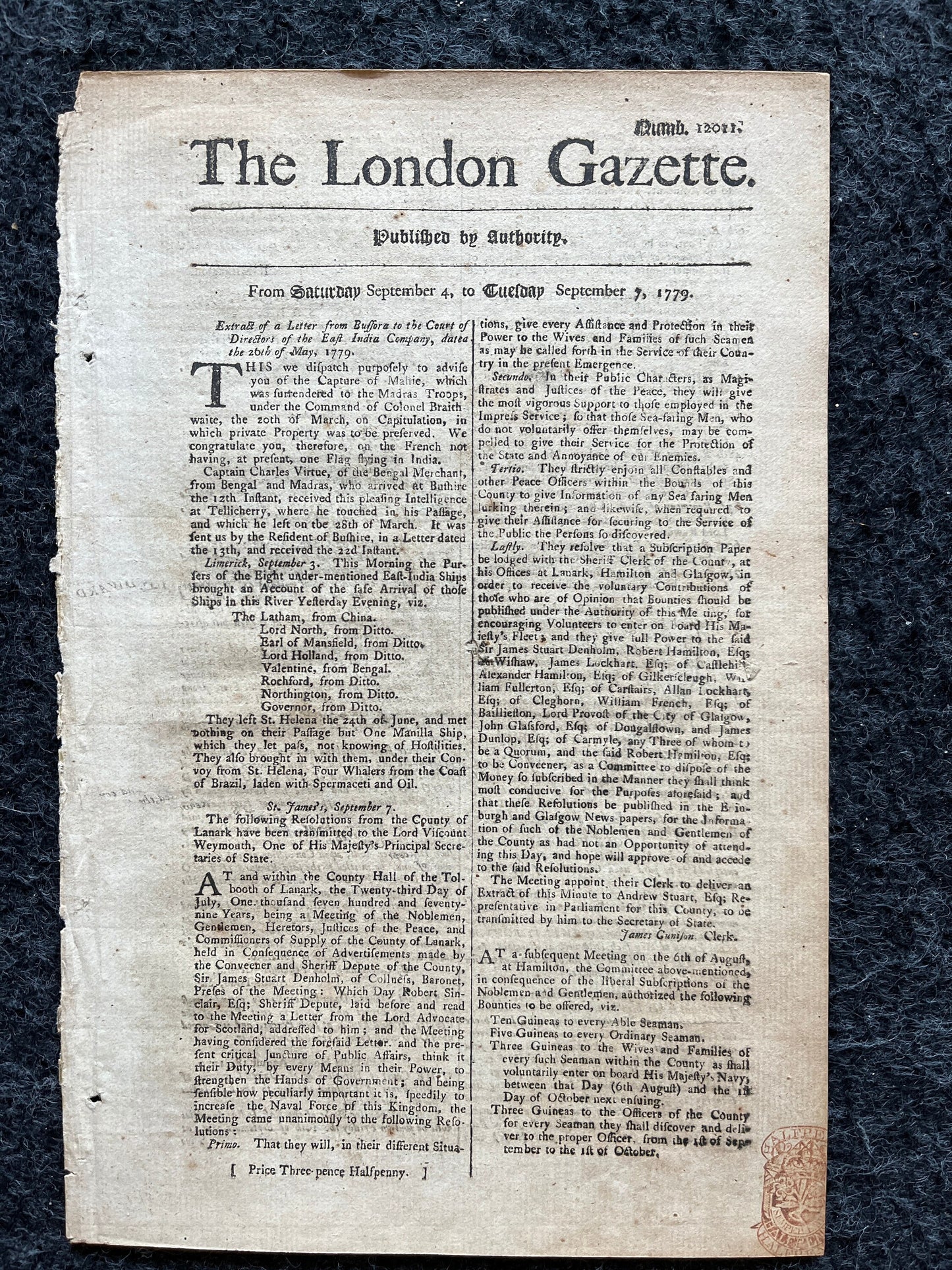 1779 British East India Company, London Gazette, History Wall Art, Original Antique Pamphlet, American President History and Wall Decoration