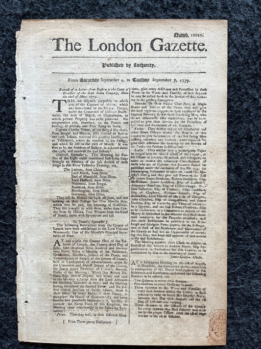 1779 British East India Company, London Gazette, History Wall Art, Original Antique Pamphlet, American President History and Wall Decoration