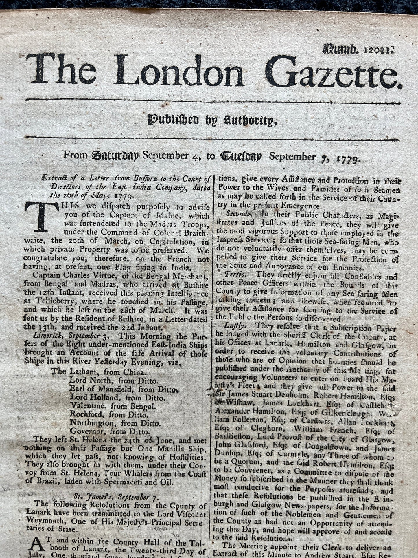 1779 British East India Company, London Gazette, History Wall Art, Original Antique Pamphlet, American President History and Wall Decoration