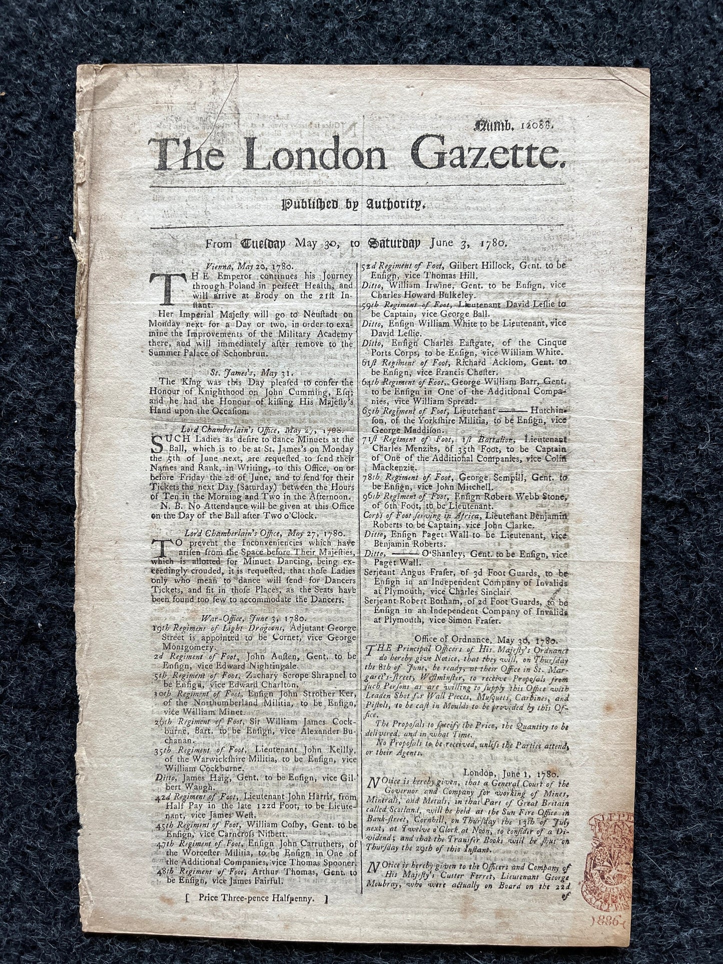 1780 King George in Poland, London Gazette, History Wall Art, Original Antique Pamphlet, American President History and Wall Decoration