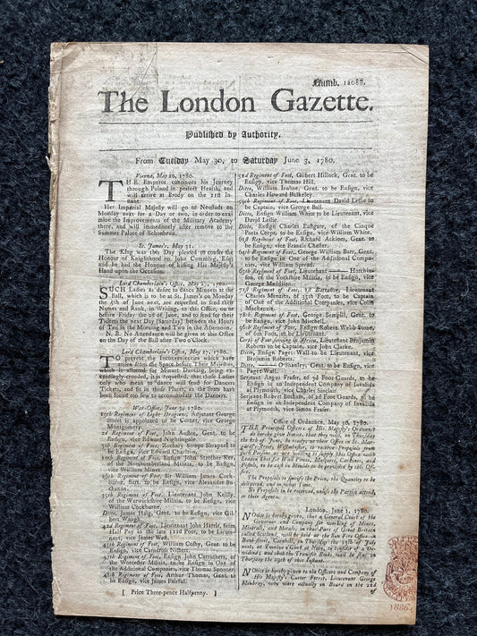 1780 King George in Poland, London Gazette, History Wall Art, Original Antique Pamphlet, American President History and Wall Decoration
