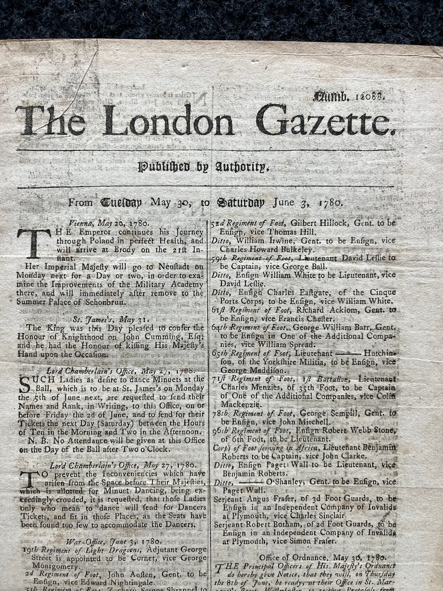 1780 King George in Poland, London Gazette, History Wall Art, Original Antique Pamphlet, American President History and Wall Decoration