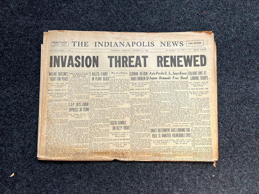 1940 Italy Invasion of UK, Vintage original newspaper, antique collectibles, gifts for dad husband, Military memorabilia wall decor