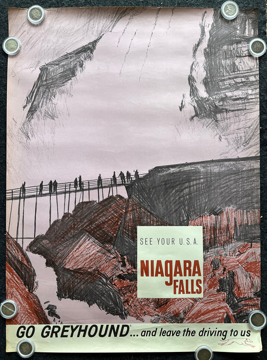 1965 Original Niagara Falls Canada Travel Poster, Vintage Canadian Wall Decor, Canada Gifts Souvenirs, Greyhound Bus Artwork, Waterfall Art