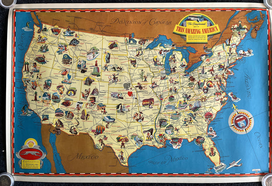 1941 WW2 Original Greyhound Bus Line Colorful Poster 30x20 US Map, Vintage Wall Art of America, Original Wall Decor Artwork, WW2 Memorabilia