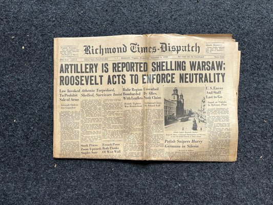 1939 Warsaw Bombed, US Neutrality WW2 Early Vintage Newspaper, Wall Decor, Gift for him, World War 2 Memorabilia Gifts, History Gifts